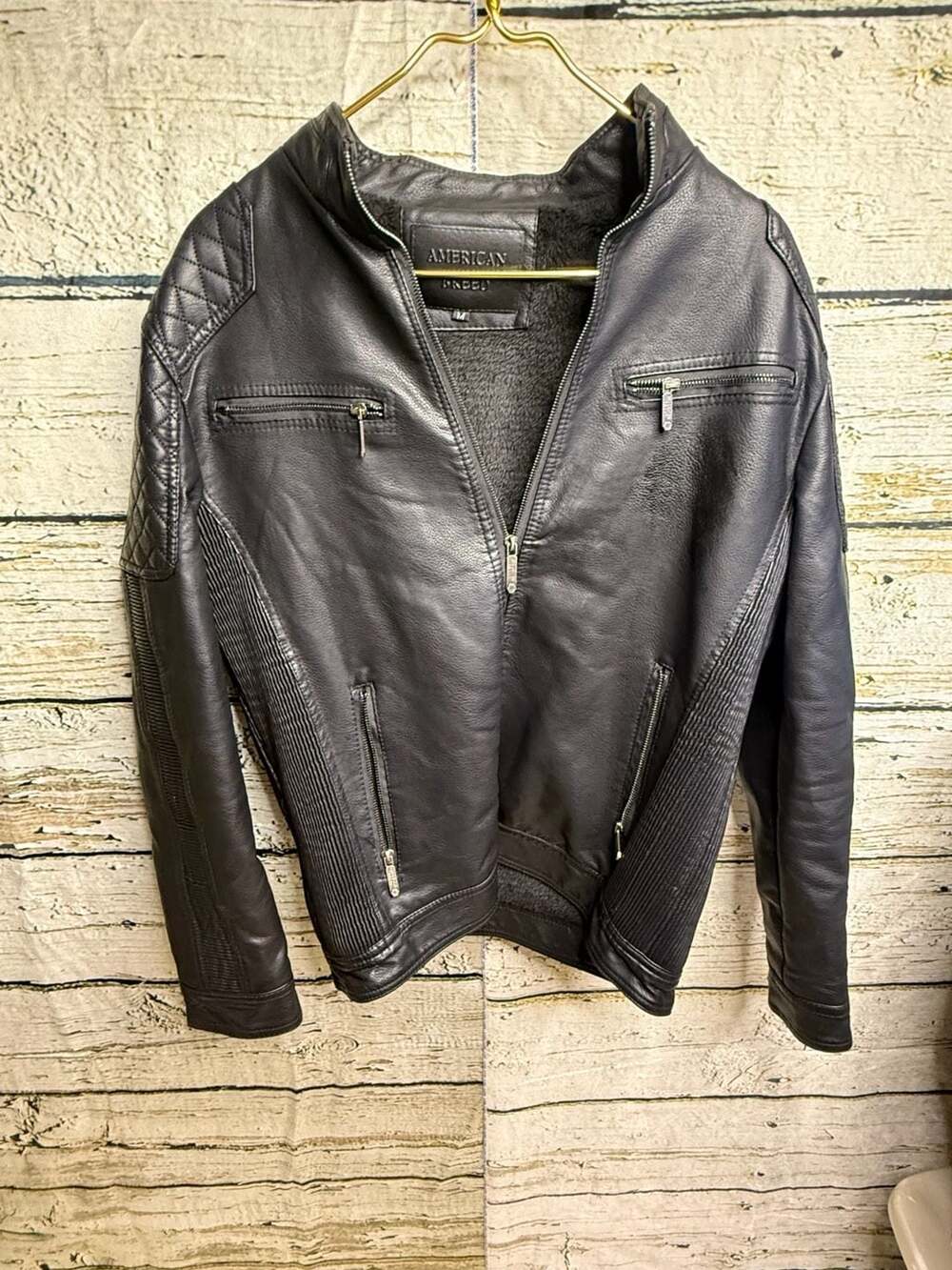 American Breed Men's Black Faux Leather Moto Jacket with Fleece Lining